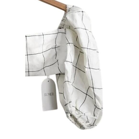 NWT Rumer Quinn Plaid 3/4 Puff Sleeves Linen Crop Top Back Clasp Closure M Ivory - Picture 3 of 15